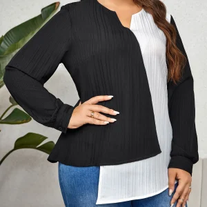 Casual Long Sleeve Color Block Plus Size Top Shirts Sprinf Fall Cloth - Image 2