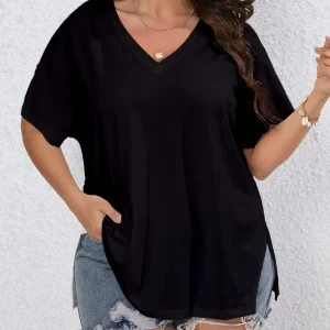 Casual Short Sleeve Reinforced v neck with separate hem plain Plus size T-shirt - Image 3