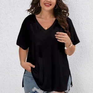 Casual Short Sleeve Reinforced v neck with separate hem plain Plus size T-shirt - Image 2