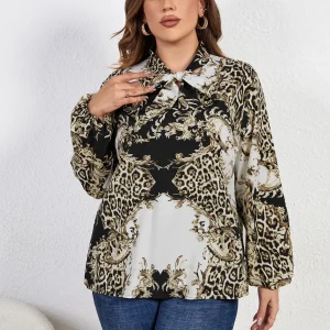 Casual Tied Neck Floral Print Blouses Female Long Sleeve Plus Size Shirt - Image 6