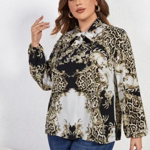 Casual Tied Neck Floral Print Blouses Female Long Sleeve Plus Size Shirt - Image 5