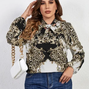Casual Tied Neck Floral Print Blouses Female Long Sleeve Plus Size Shirt