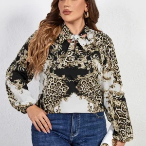 Casual Tied Neck Floral Print Blouses Female Long Sleeve Plus Size Shirt - Image 2