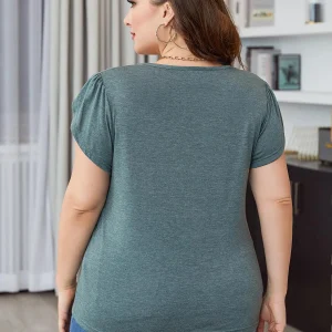 Casual V Cut Out Neck Short Petal Sleeve Top Knitted Oversized T-Shirts - Image 6