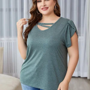 Casual V Cut Out Neck Short Petal Sleeve Top Knitted Oversized T-Shirts - Image 2