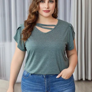 Casual V Cut Out Neck Short Petal Sleeve Top Knitted Oversized T-Shirts - Image 5