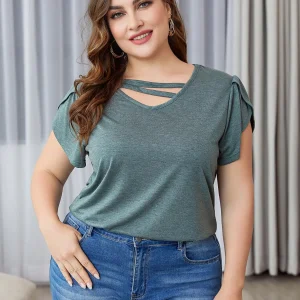 Casual V Cut Out Neck Short Petal Sleeve Top Knitted Oversized T-Shirts - Image 3