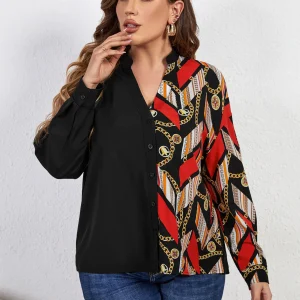 Casual V Neck Front Button Down Blouses Long Sleeve Plus Size Shirt - Image 3