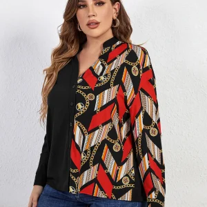 Casual V Neck Front Button Down Blouses Long Sleeve Plus Size Shirt - Image 5