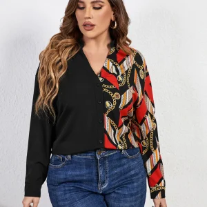 Casual V Neck Front Button Down Blouses Long Sleeve Plus Size Shirt