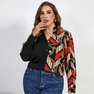 Casual V Neck Front Button Down Blouses Long Sleeve Plus Size Shirt - Image 2