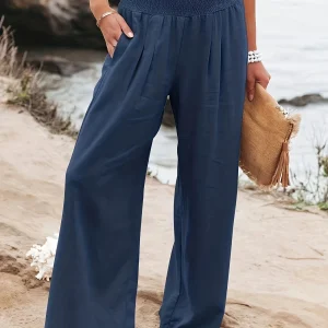 Casual Wide Leg Cotton Pleated Non Stretch Plus Size Linen Pants - Image 24