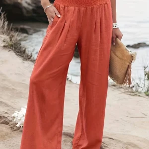 Casual Wide Leg Cotton Pleated Non Stretch Plus Size Linen Pants - Image 26