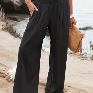 Casual Wide Leg Cotton Pleated Non Stretch Plus Size Linen Pants - Image 4