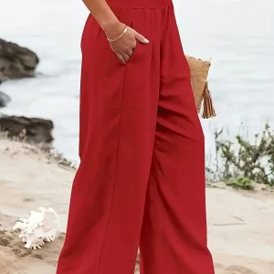Casual Wide Leg Cotton Pleated Non Stretch Plus Size Linen Pants - Image 17