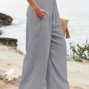 Casual Wide Leg Cotton Pleated Non Stretch Plus Size Linen Pants - Image 2