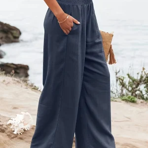 Casual Wide Leg Cotton Pleated Non Stretch Plus Size Linen Pants - Image 25