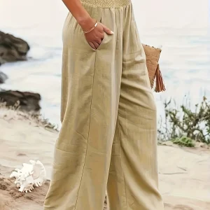 Casual Wide Leg Cotton Pleated Non Stretch Plus Size Linen Pants - Image 20