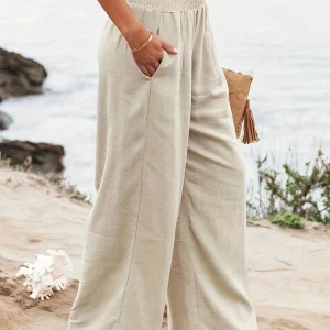 Casual Wide Leg Cotton Pleated Non Stretch Plus Size Linen Pants - Image 23