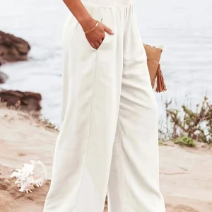 Casual Wide Leg Cotton Pleated Non Stretch Plus Size Linen Pants - Image 14