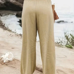 Casual Wide Leg Cotton Pleated Non Stretch Plus Size Linen Pants - Image 21