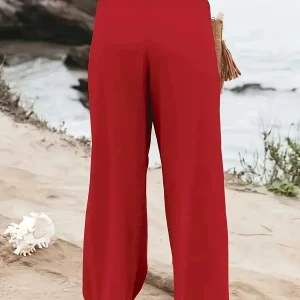 Casual Wide Leg Cotton Pleated Non Stretch Plus Size Linen Pants - Image 18