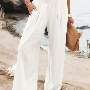 Casual Wide Leg Cotton Pleated Non Stretch Plus Size Linen Pants - Image 13