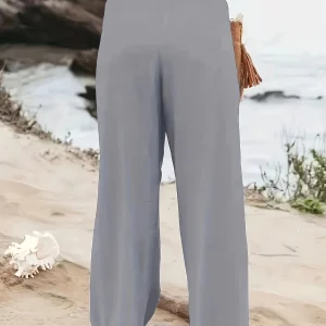 Casual Wide Leg Cotton Pleated Non Stretch Plus Size Linen Pants - Image 3
