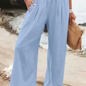 Casual Wide Leg Cotton Pleated Non Stretch Plus Size Linen Pants - Image 28