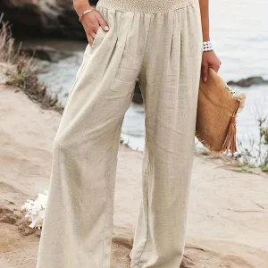 Casual Wide Leg Cotton Pleated Non Stretch Plus Size Linen Pants - Image 22