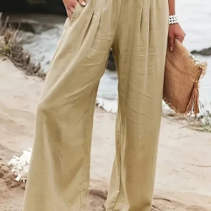 Casual Wide Leg Cotton Pleated Non Stretch Plus Size Linen Pants - Image 19