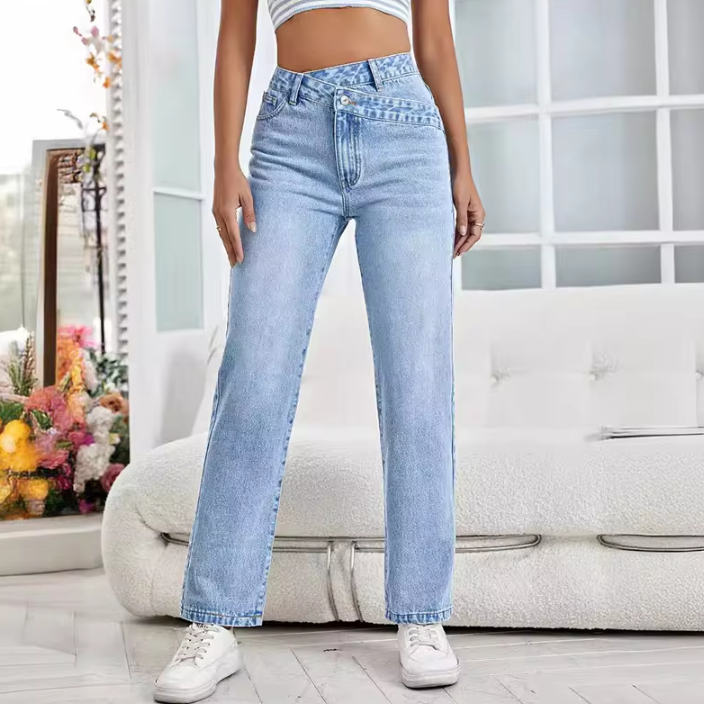 Chic Casual Button High Waist Non Stretch Straight Pants