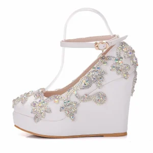 Elegant PU Round Toe Ankle Strap High Heels Platform Wedge - Image 4