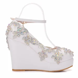 Elegant PU Round Toe Ankle Strap High Heels Platform Wedge - Image 5