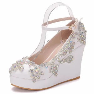 Elegant PU Round Toe Ankle Strap High Heels Platform Wedge - Image 3