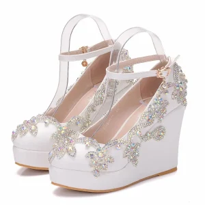 Elegant PU Round Toe Ankle Strap High Heels Platform Wedge