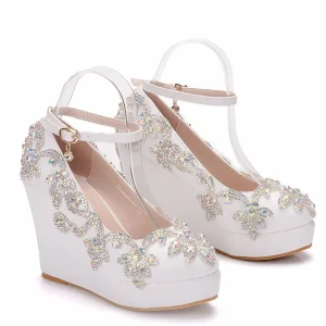 Elegant PU Round Toe Ankle Strap High Heels Platform Wedge - Image 2