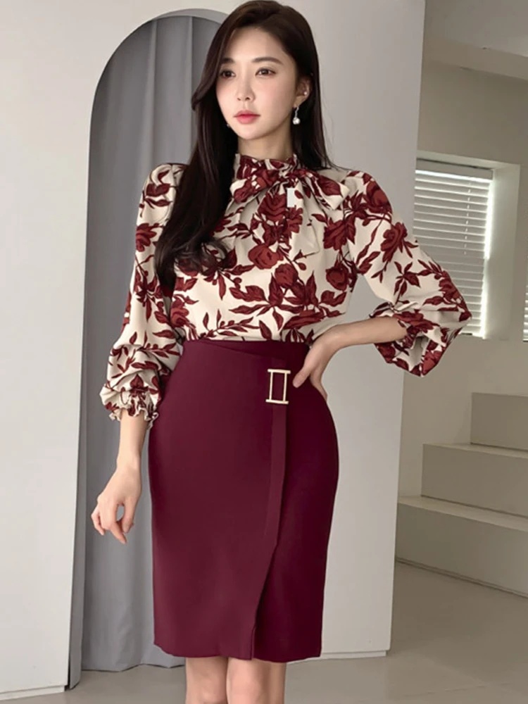 Elegant Vintage Floral Tops Shirt Blouse High Waist Midi Skirt 2 Piece Outfit