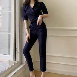 Formal Wrap Short Cropped Tops Shirt Blouse High Waist Pants 2 Piece Outfit - Image 3