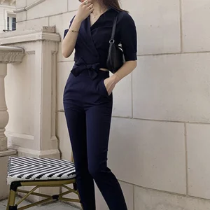 Formal Wrap Short Cropped Tops Shirt Blouse High Waist Pants 2 Piece Outfit - Image 4