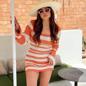 Hollow Out Long Sleeve Striped Knitted Birthday Festivals Mini Dress - Image 4