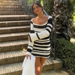 Hollow Out Long Sleeve Striped Knitted Birthday Festivals Mini Dress - Image 2