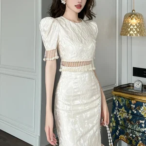 Jacquard Satin Short Tassel Cropped Tops Shirt Blouse High Waist Midi Skirt 2 Piece Outfit - Image 2