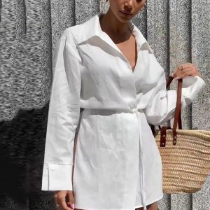 Linen Tops Fashion Solid Lace-Up Office Lady Elegant V-Neck Wrap Blouses