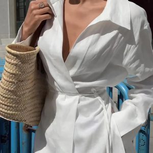 Linen Tops Fashion Solid Lace-Up Office Lady Elegant V-Neck Wrap Blouses - Image 3