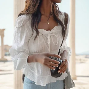 Long Sleeve Linen Cotton Blouse Lace Up Shirt Casual Soft Tops - Image 4