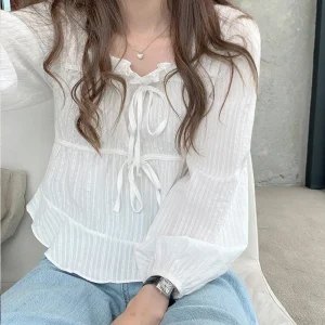 Long Sleeve Linen Cotton Blouse Lace Up Shirt Casual Soft Tops - Image 2