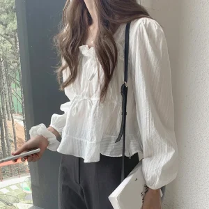 Long Sleeve Linen Cotton Blouse Lace Up Shirt Casual Soft Tops - Image 3