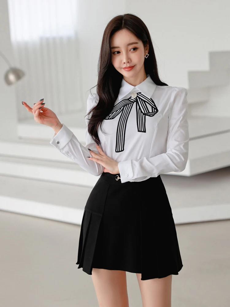 Pleated Shirt Blouse And High Waist Mini Skirt Sweet Style 2 Pieces Outfits