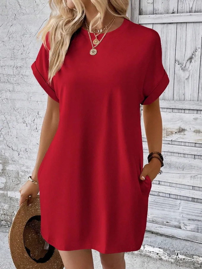 Resort Style Beach Solid Color O Neck Short Sleeve Pocket Loose Mini Dresses